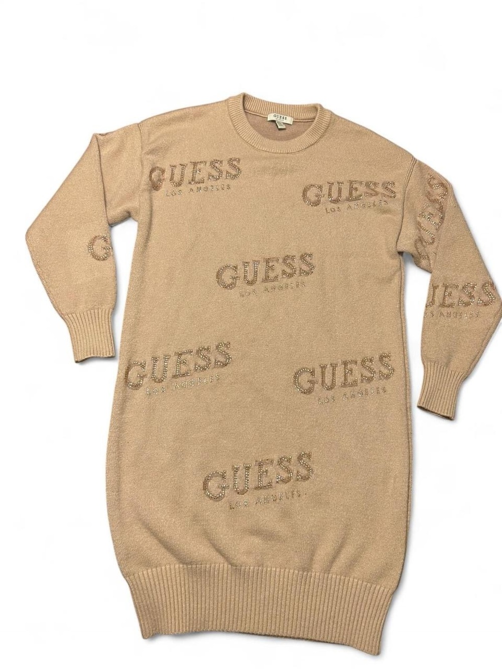 GUESS Tan Logo Knit Sweater Dress with rhinestones Medium